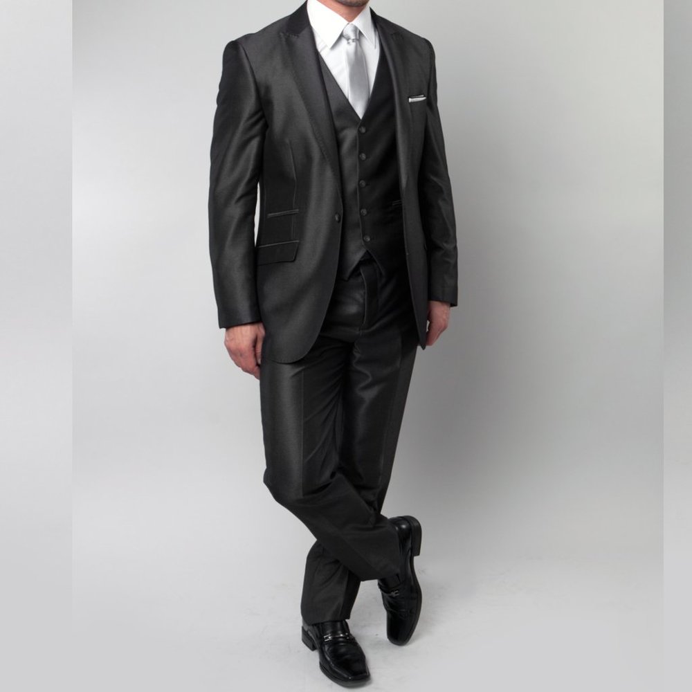 Dark Charcoal Mens 3pc Suit w/ Peak Lapel & Pick Stitch Finish by Tazio